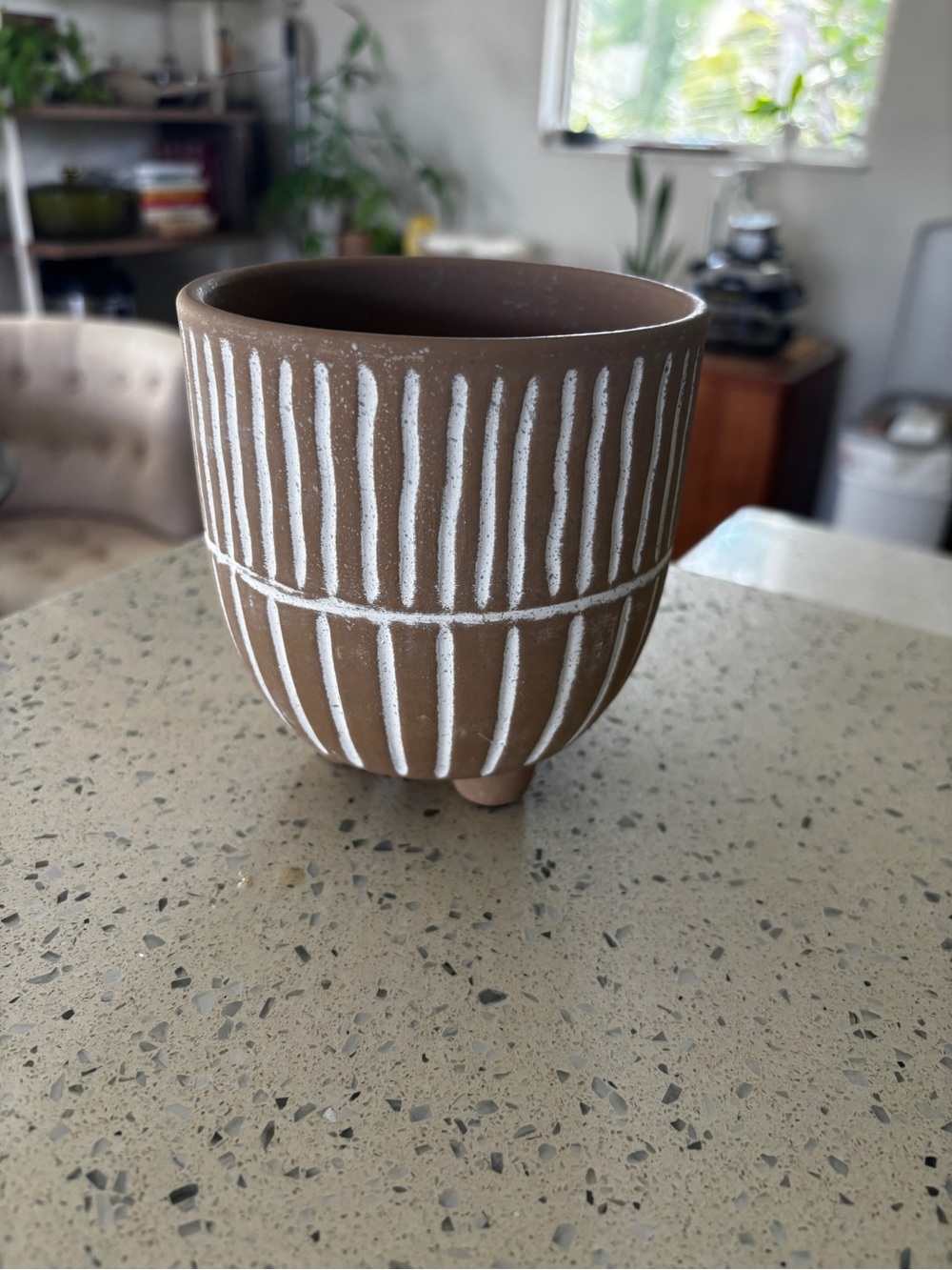 Handcrafted Brown Ceramic Planter with White Accent - Home Art